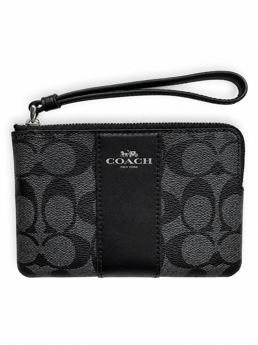 COACH Black Signature Zip Wristlet Card Holder